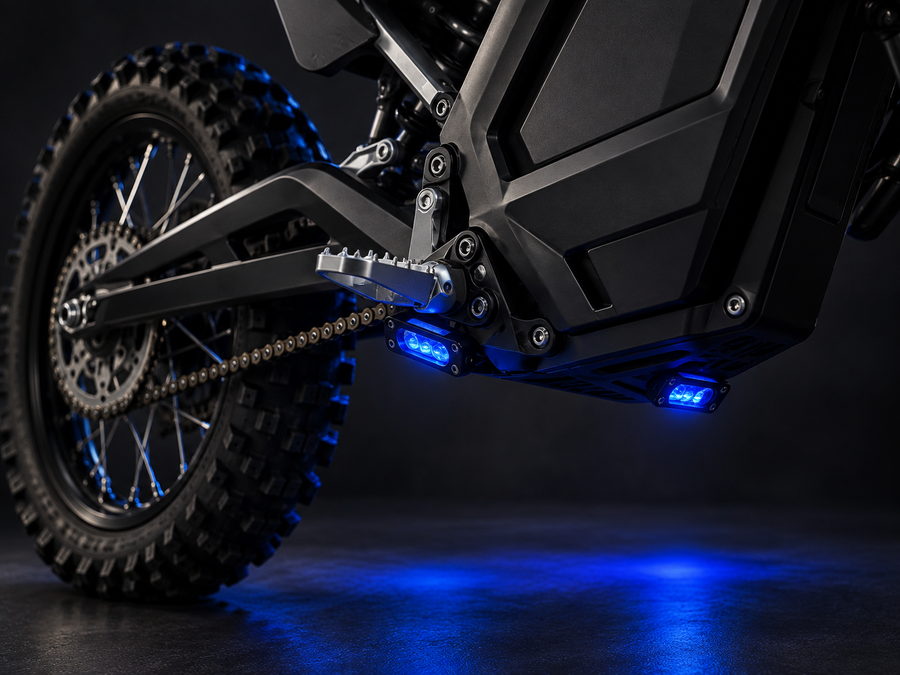 Blue auxiliary rock lights mounted beneath an unbranded electric bike frame